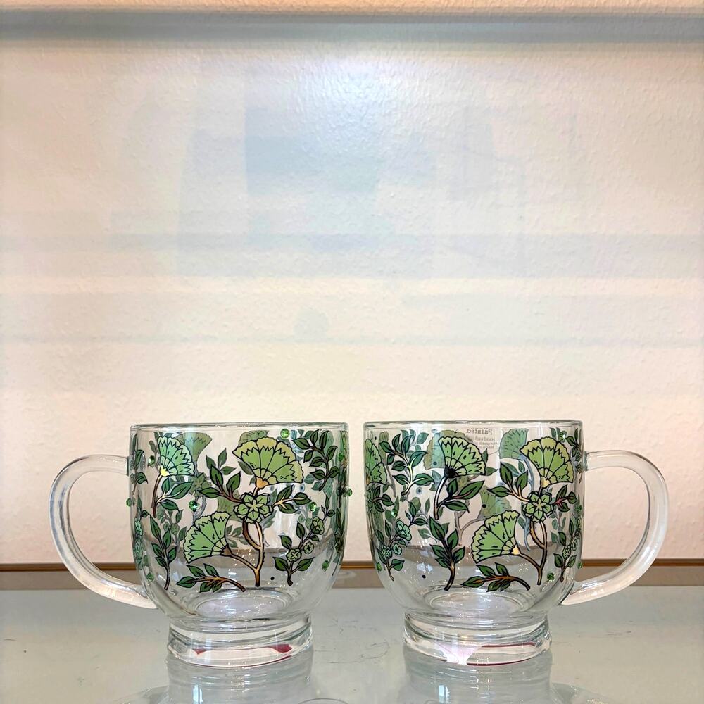 2pc Jeweled Green Floral Thick Glass Mugs Chic Spring Glassware NEW